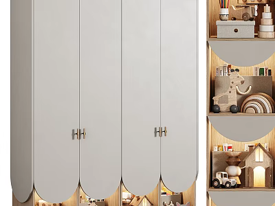 Modern Light Gray Wardrobe With Scalloped Doors And Interior Storage Shelves With Toys Decorative Items 3d model