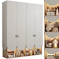 Modern Light Gray Wardrobe With Scalloped Doors And Interior Storage Shelves With Toys Decorative Items