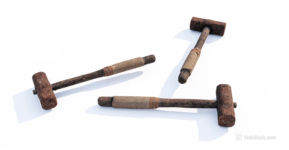 Rustic Metal Hammers with Wooden Handles And Rope Wrapped Grips 3d model 