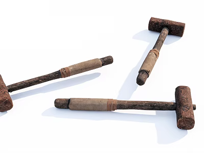 Rustic Metal Hammers with Wooden Handles And Rope Wrapped Grips 3d model