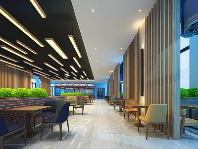 Modern Restaurant Interior With Wooden Walls Green Plants Tables Chairs And Ceiling Lights 3d model