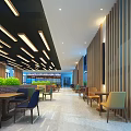 Modern Restaurant Interior With Wooden Walls Green Plants Tables Chairs And Ceiling Lights