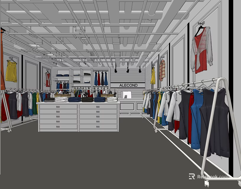 Clothing Store Interior With Colorful Apparel On Racks White Display Drawers And Ceiling Lighting 3d model 