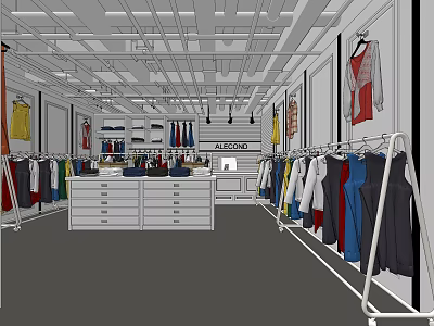 Clothing Store Interior With Colorful Apparel On Racks White Display Drawers And Ceiling Lighting 3d model