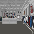 Clothing Store Interior With Colorful Apparel On Racks White Display Drawers And Ceiling Lighting