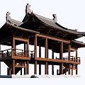Traditional Ancient Chinese Architectural Structure With Overhanging Eaves Tiled Roof Wooden Balustrades And Stone Steps