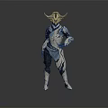 Game And Movie Character With Horned Helmet Blue White Armor And Geometric Patterns