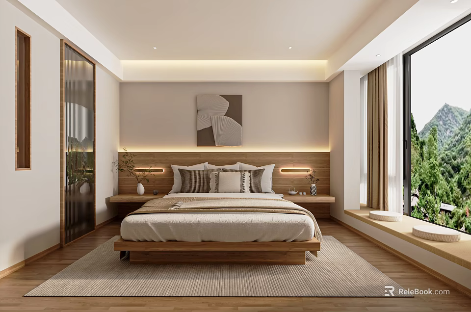 Hotel Room Modern Minimalist Interior With Wooden Bed Wall Artwork And Large Window Overlooking Greenery 3d model 