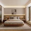 Hotel Room Modern Minimalist Interior With Wooden Bed Wall Artwork And Large Window Overlooking Greenery