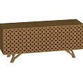 Brown Wooden TV Stand With Geometric Cutout Patterns Curved Legs And Functional Storage