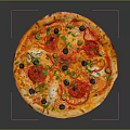 Freshly Baked Pizza With Tomato Sauce Mozzarella Olives And Basil Toppings