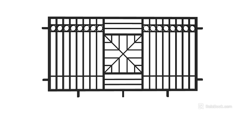 Ornate Metal Fence Featuring Central Geometric Design And Side Circular Accents 3d model 