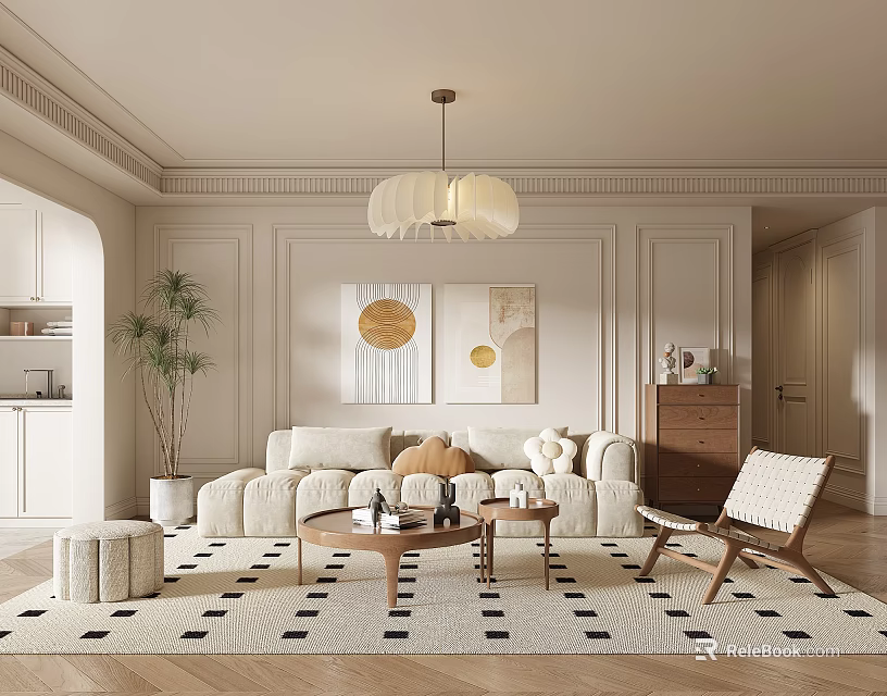 Elegant Modern Living Room With Beige Sofa Round Pendant Light Geometric Rug And Wooden Coffee Table 3d model 