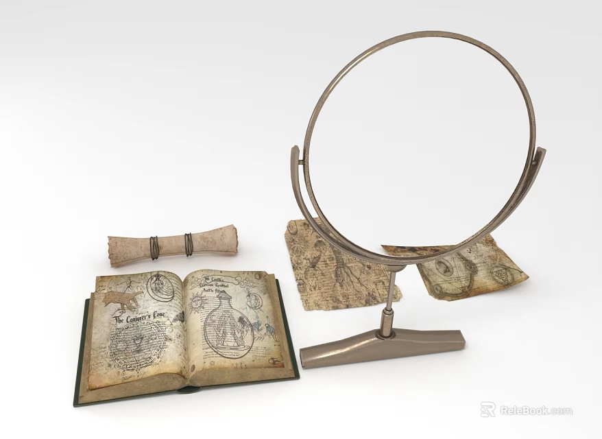 Antique Open Book With Hand Drawn Illustrations Scroll And Magnifying Glass 3d model 