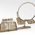 Antique Open Book With Hand Drawn Illustrations Scroll And Magnifying Glass 3d model