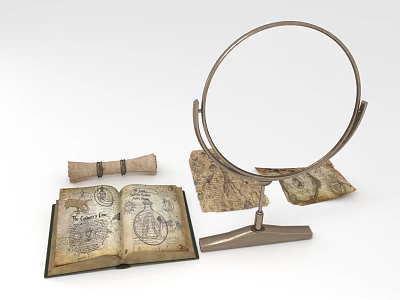 Antique Open Book With Hand Drawn Illustrations Scroll And Magnifying Glass 3d model