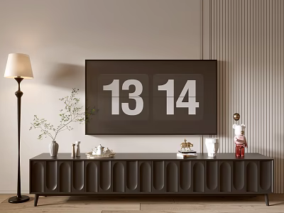 Modern Textured TV Stand With Decorative Vase Floor Lamp And Digital Wall Art 3d model