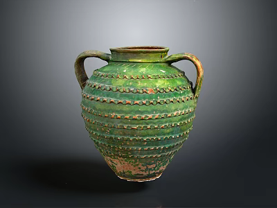 Handcrafted Green Clay Vase With Two Handles And Ribbed Surface Design 3d model