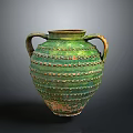 Handcrafted Green Clay Vase With Two Handles And Ribbed Surface Design