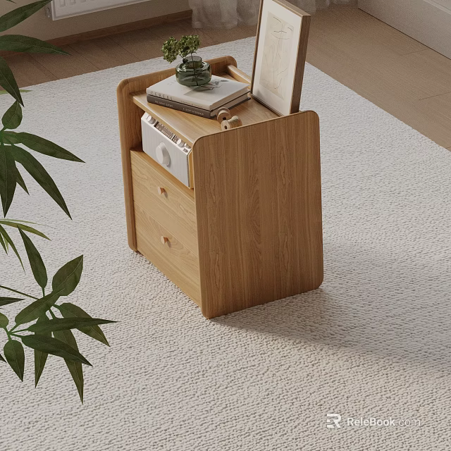 Natural Wooden Nightstand With Drawers Small Plant Book And Radio On Carpet 3d model 