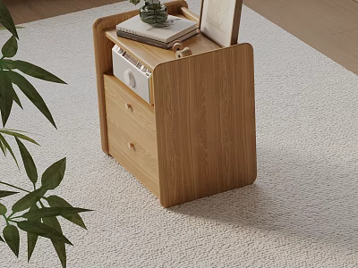 Natural Wooden Nightstand With Drawers Small Plant Book And Radio On Carpet 3d model