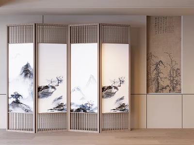 Song's Aesthetic Folding Screen Solid Wood Grille Partition Entrance New Chinese Style Background Wall Decorative Painting 3d model