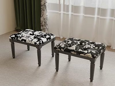 Two Stools With Black And White Floral Upholstery Dark Wooden Legs In Room Setting 3d model