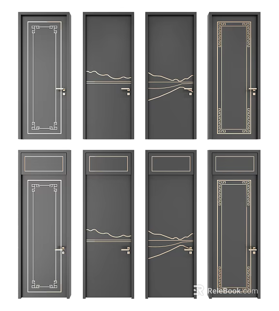 Dark Swing Doors With Golden Decorative Lines And Modern Patterns 3d model