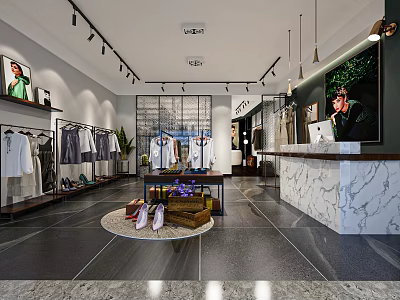 Elegant Clothing Store Interior With Clothing Racks Displayed Clothes And Marble Counter 3d model