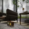 Brown Single Sofa in Modern Indoor Space with Large Windows Green Plant and Wooden Floor