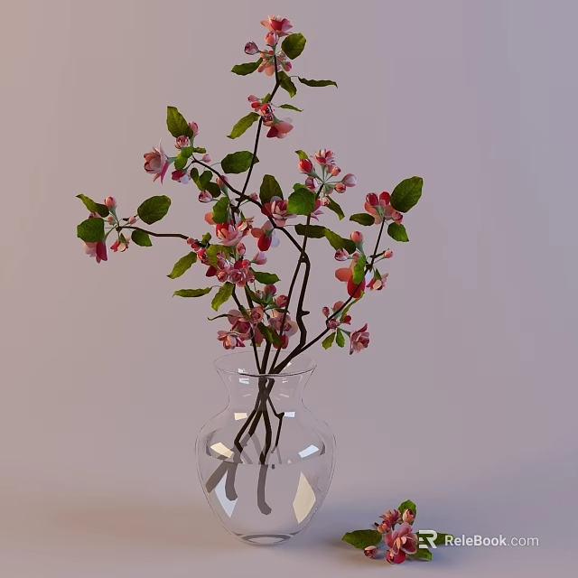 Transparent Glass Vase With Fresh Branches Pink Blossoms And Green Leaves 3d model 