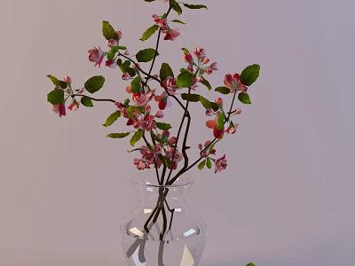 Transparent Glass Vase With Fresh Branches Pink Blossoms And Green Leaves 3d model