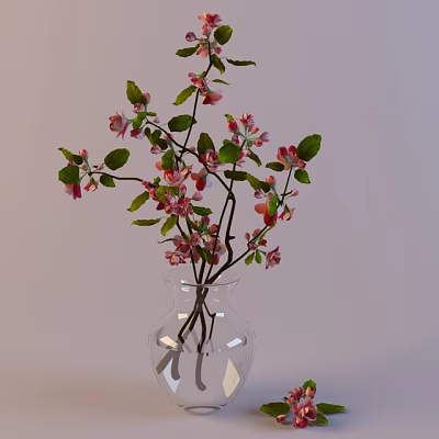 Transparent Glass Vase With Fresh Branches Pink Blossoms And Green Leaves 3d model