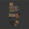 Rustic Household Items Set Including Wooden Barrels Clay Pots Wooden Crates Ladder And Wheelbarrow