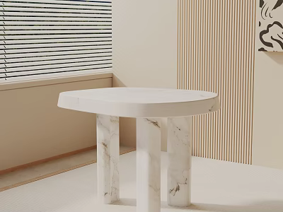 White Round Side Table with Marble Legs in Modern Room with Striped Wall and Window 3d model