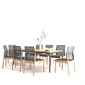 Modern Wooden Dining Table Set With Mesh Backrest Chairs Vase Plant And Bowl