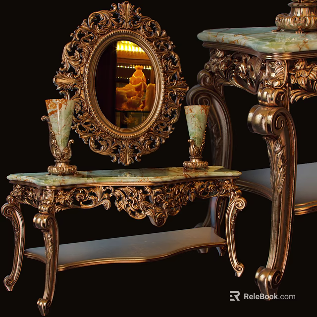 Ornate Gold Frame Dressing Table With Marble Top Oval Mirror And Candlesticks 3d model 