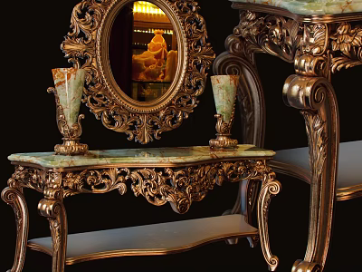 Ornate Gold Frame Dressing Table With Marble Top Oval Mirror And Candlesticks 3d model