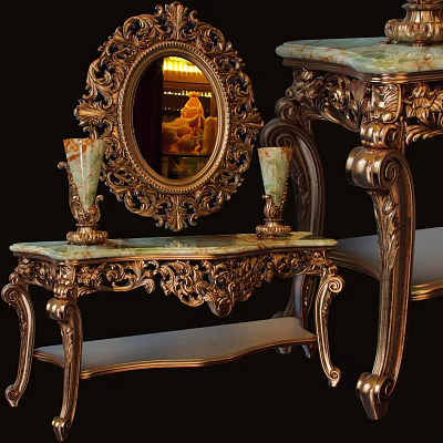 Ornate Gold Frame Dressing Table With Marble Top Oval Mirror And Candlesticks 3d model