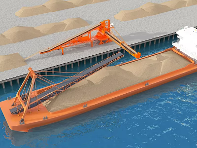 Sand Loading Ship at Dock With Conveyor Belt Equipment Carrying Bulk Sand Cargo 3d model