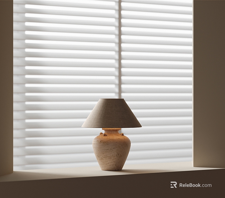 Table Lamp With Beige Linen Shade And Textured Base On Window Sill With White Blinds 3d model 