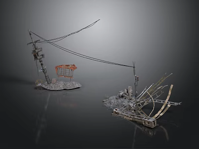 Metallic Scene Components With Cables Orange Basket Metal Frames And Rocky Bases 3d model