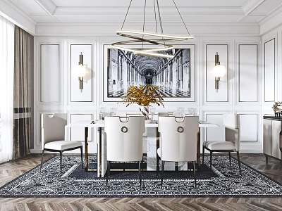 Elegant Modern Dining Room Interior With Chandelier Dining Table Chairs And Wall Paneling 3d model