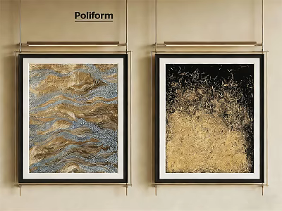 Poliform Framed Wall Art With Wave And Abstract Golden Textures In Blue Brown Black 3d model