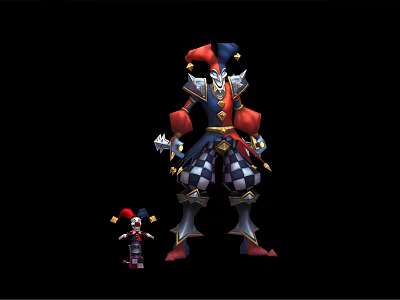 Detailed Large And Small Jester Characters In Checkered Costumes With Red Blue Yellow Colors 3d model