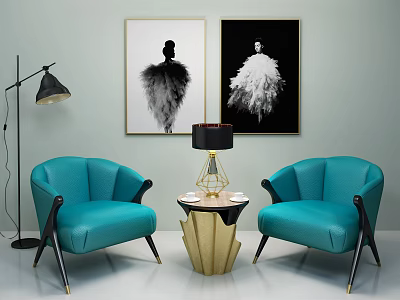 Turquoise Leisure Sofa Set with Black Gold Legs Gold Coffee Table and Wall Art 3d model