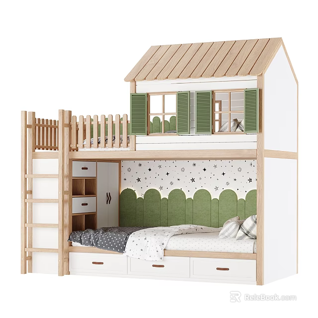 Kids Bunk Bed With House Shaped Roof Green Shutters And Star Patterned Backdrop 3d model 