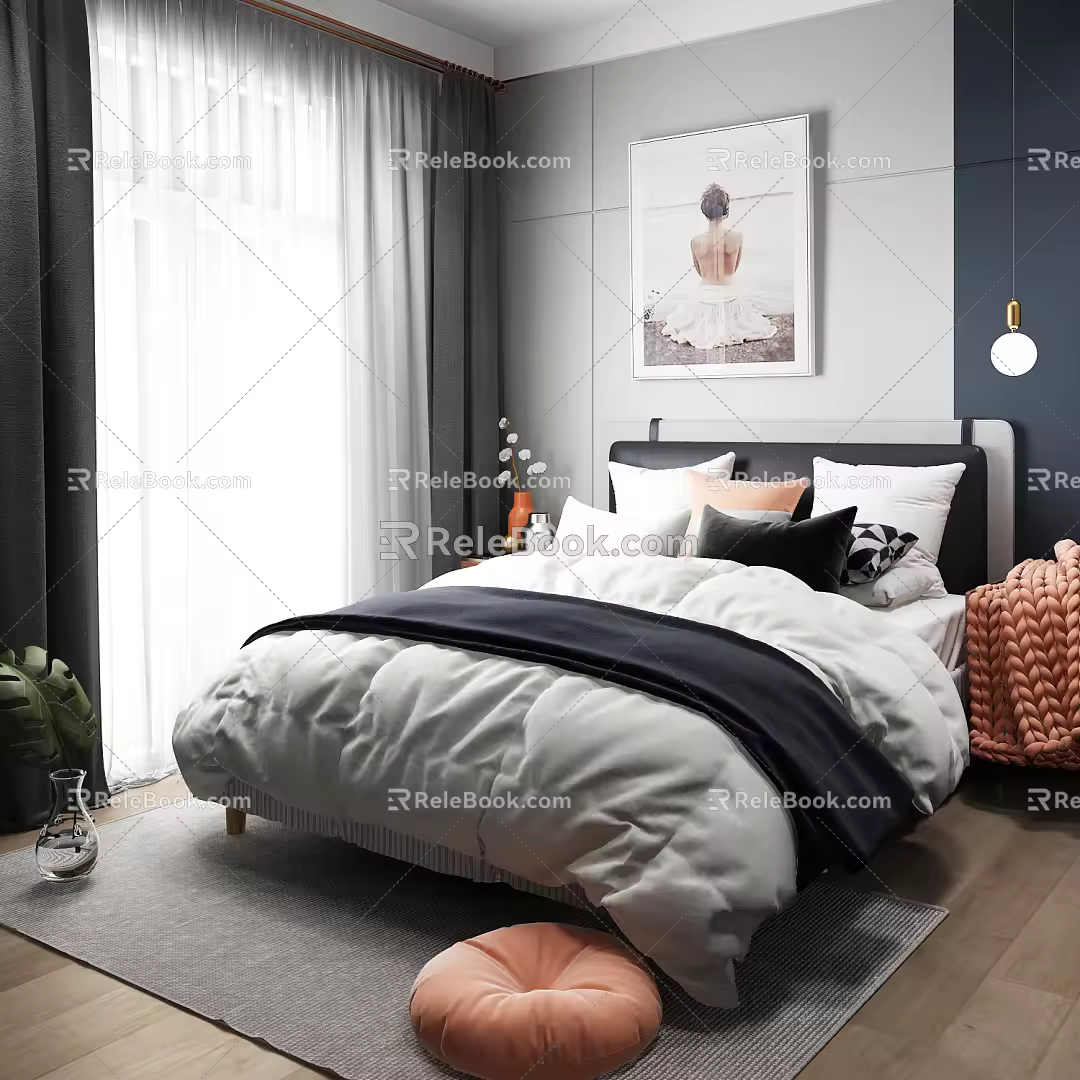 Modern background double bed 3d model