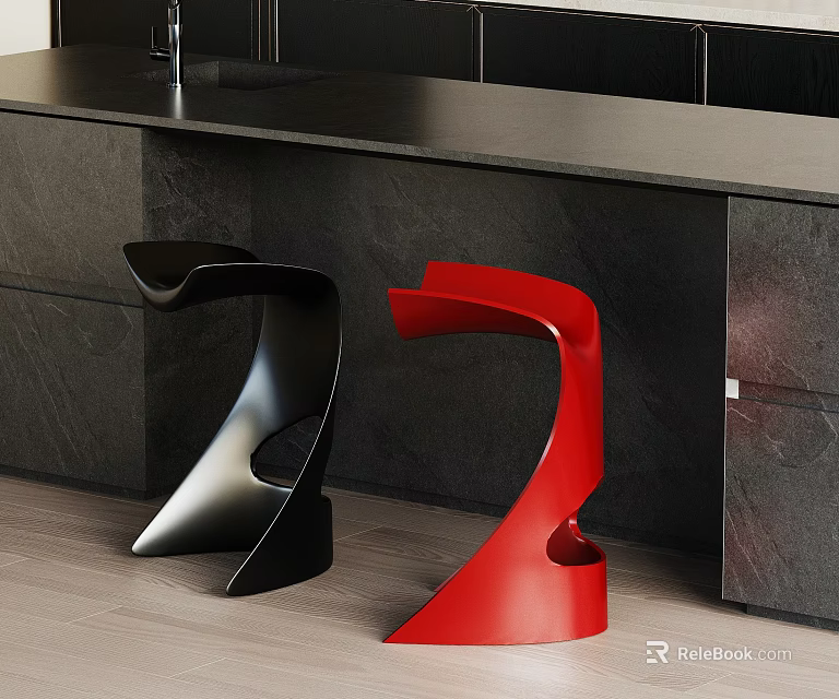 Modern Black And Red Bar Stools With Sleek Design By Dark Countertop And Cabinets 3d model 