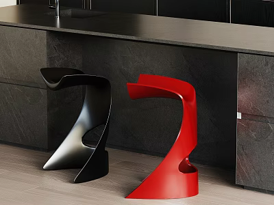 Modern Black And Red Bar Stools With Sleek Design By Dark Countertop And Cabinets 3d model